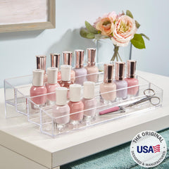 STORi clear plastic organizer rack saves counter space while showing items.