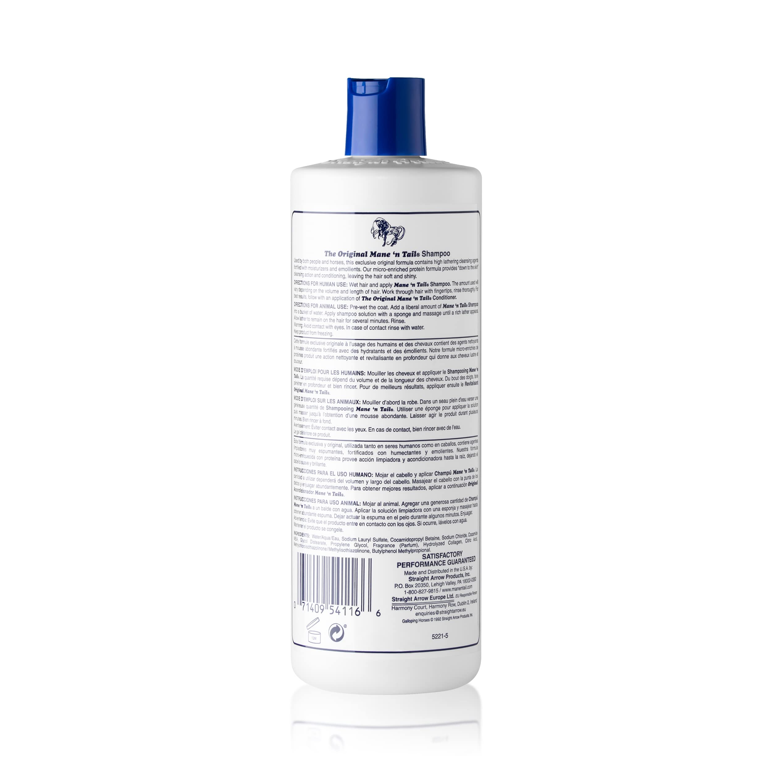Straight Arrow Mane N Tail champú, espuma densa y aroma agradable para lavar suavemente.