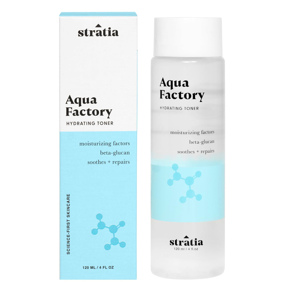 Stratia Aqua Factory Tónico: botella hidratante para piel suave.