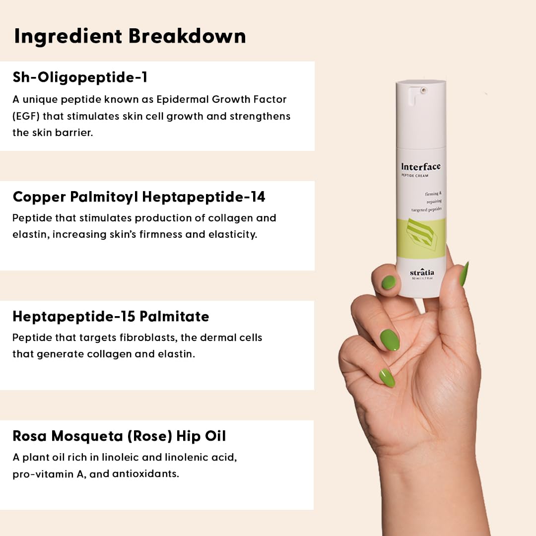 Stratia Interface hyaluronic acid and rosehip highlight hydration.