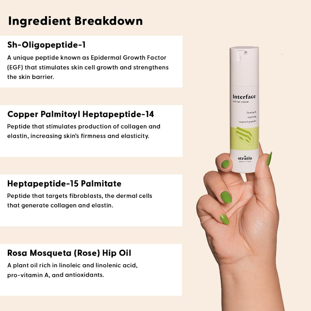 Stratia Interface hyaluronic acid and rosehip highlight hydration.