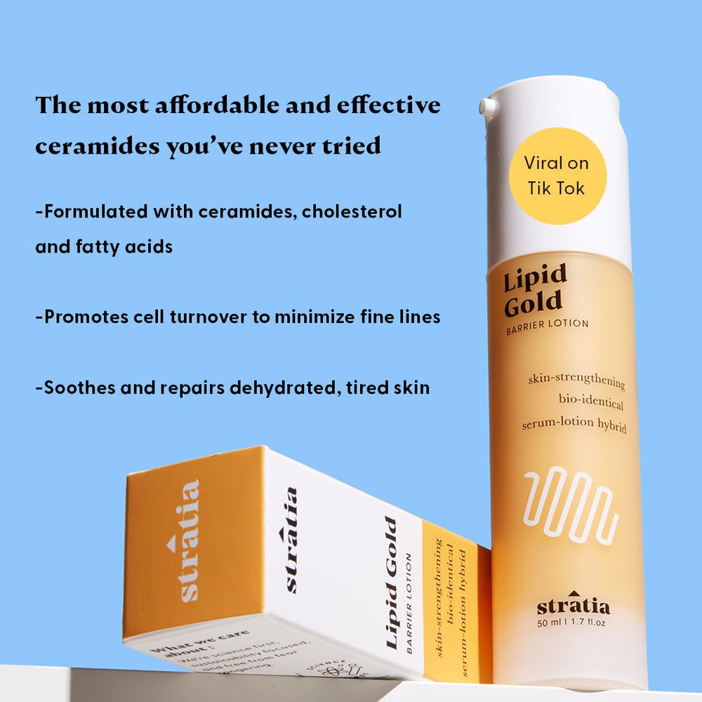 Stratia Lipid Gold bottle pour shot suggesting easy application and quick absorption.