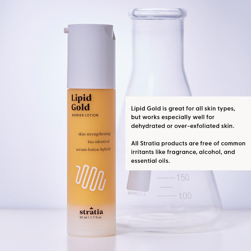 Stratia Lipid Gold swatch on skin demonstrating creamy texture and non-greasy finish.