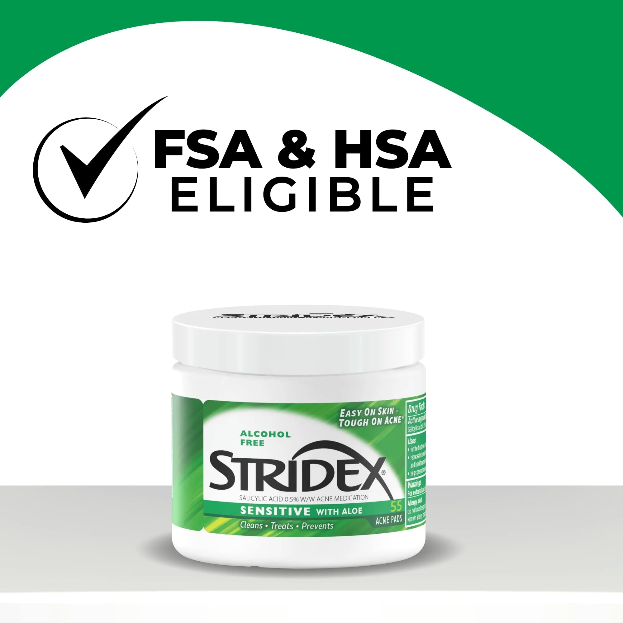 Stridex Sensitive Pads label highlights alcohol-free formula and aloe soothing