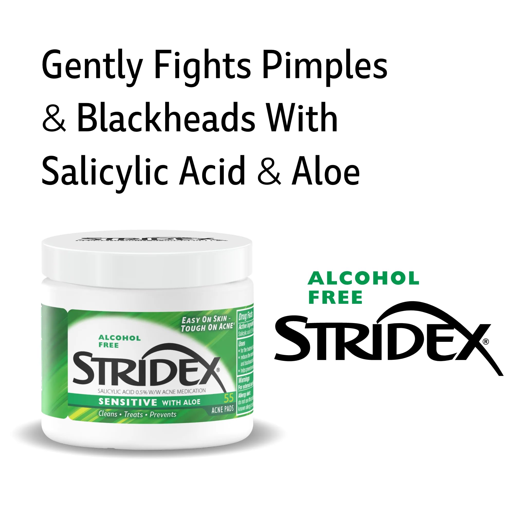 Stridex Sensitive Pads pack front showing 55 pads and aloe benefits