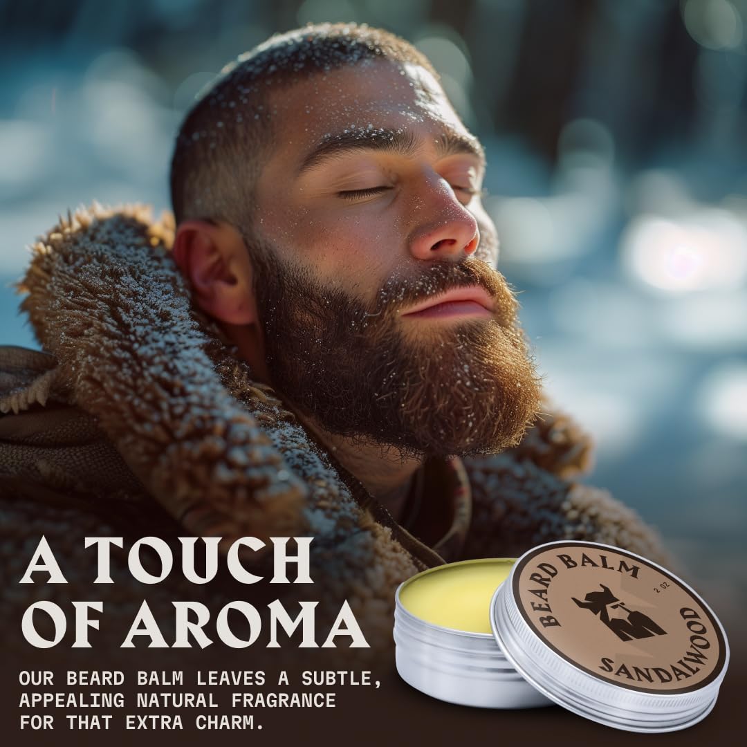 Striking Viking beard balm being applied for smooth, controlled styling.