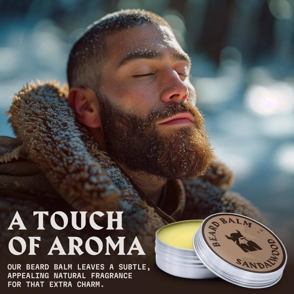 Striking Viking beard balm being applied for smooth, controlled styling.