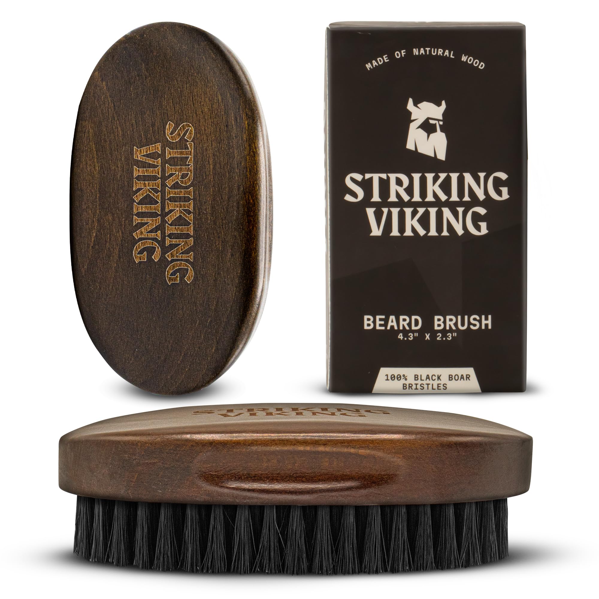 Striking Viking beard brush close-up showing the comfortable beech wood grip.