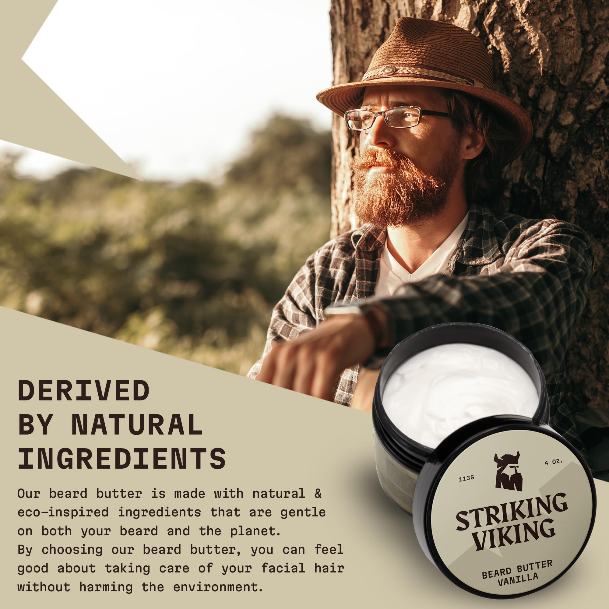 Striking Viking beard butter application demonstrates easy smoothing of whiskers without heaviness