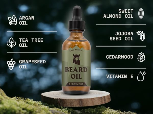 Striking Viking Cedarwood beard oil packaging signals premium quality and scent.