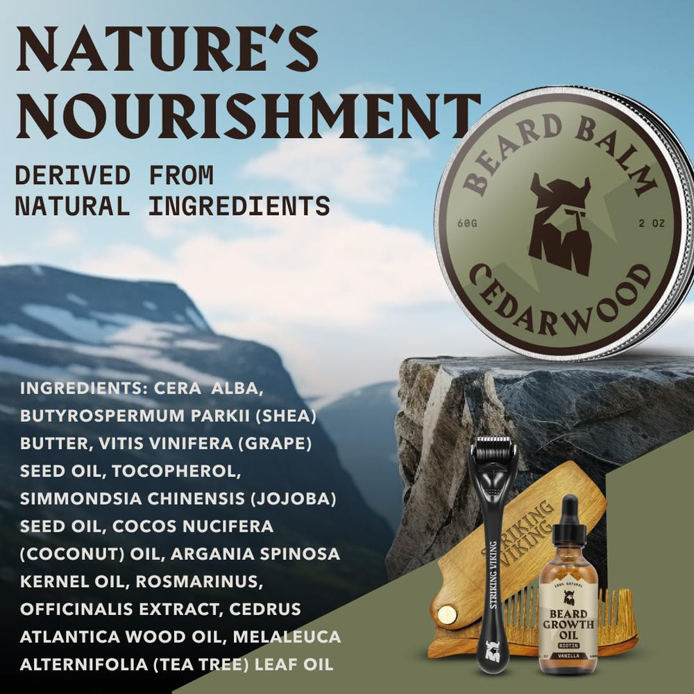 Front packaging of Striking Viking Cedar Beard Balm for a soft, controlled look.