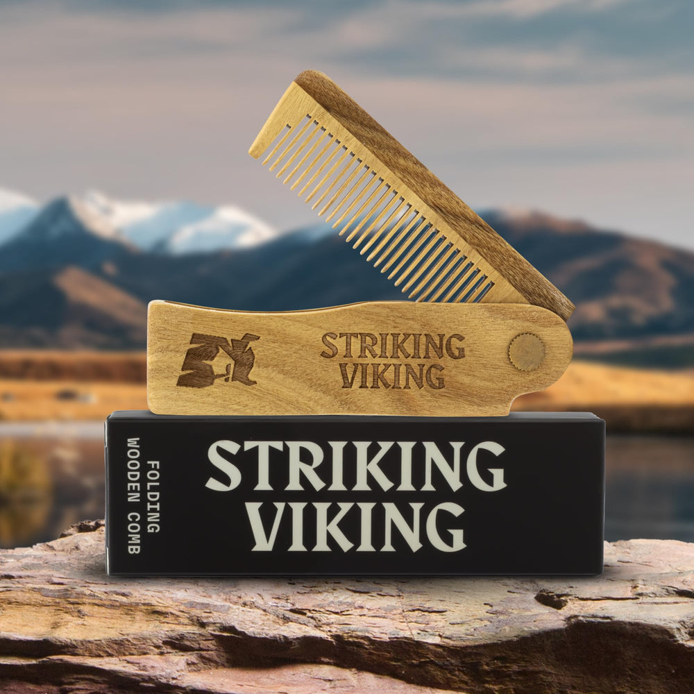 Striking Viking daily beard grooming with folding wooden comb