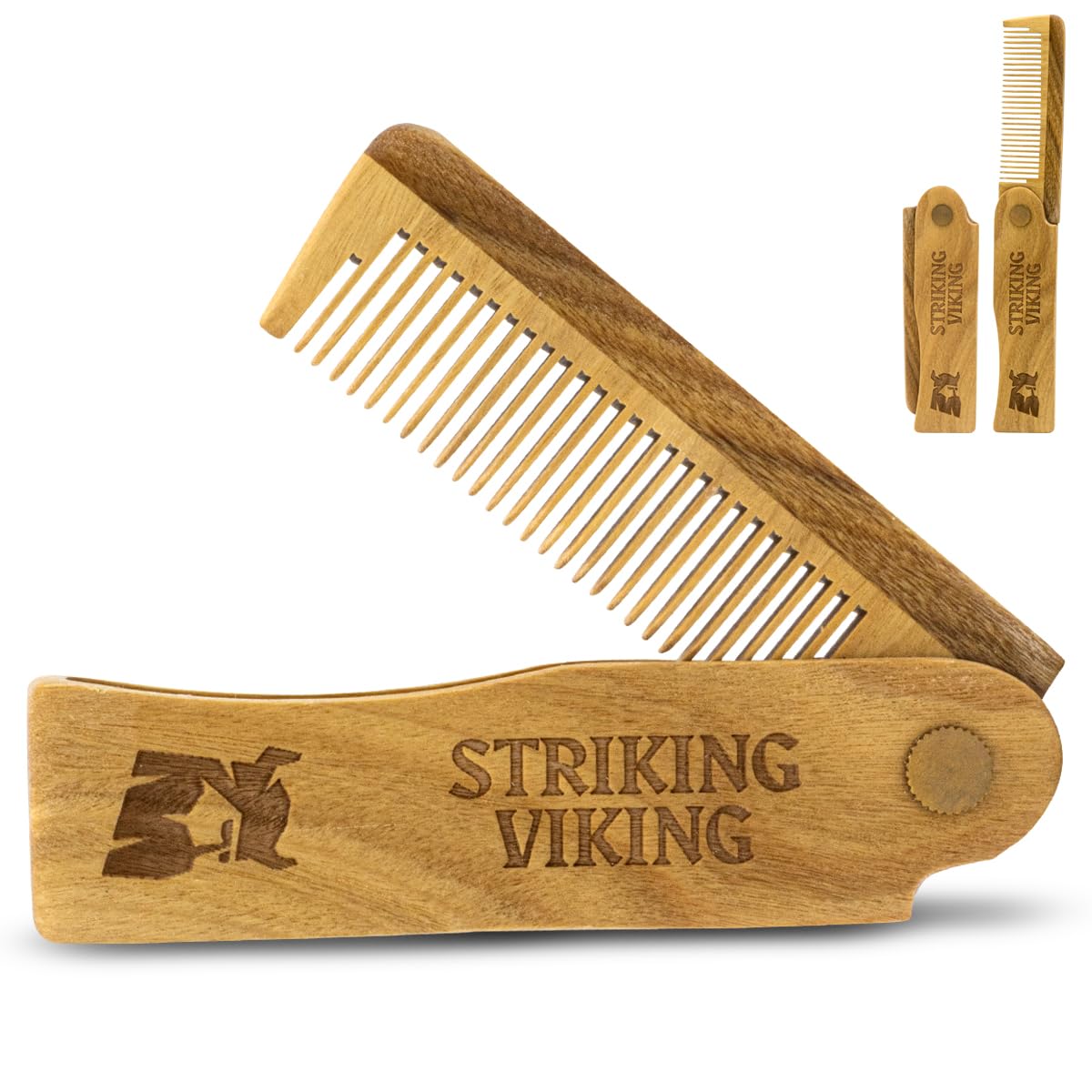 Striking Viking folding sandalwood comb closed, pocket grooming on the go