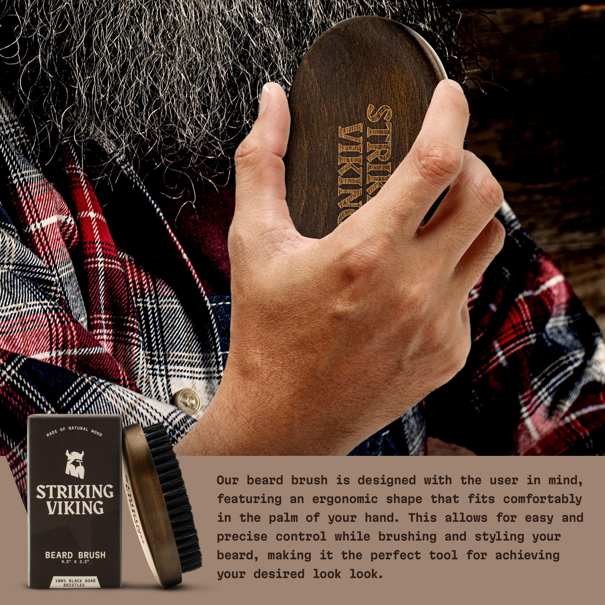 Striking Viking grooming comb accompanies beard brush for tidy detailing.