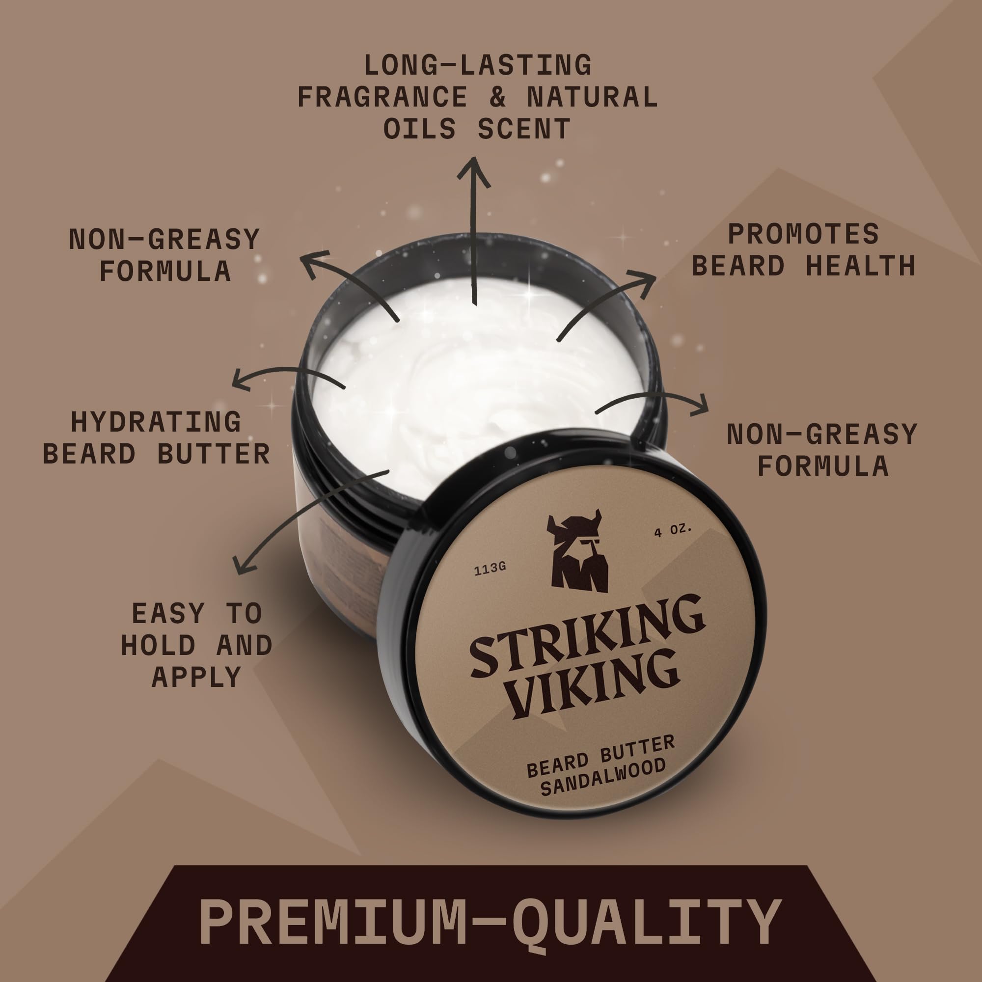 Striking Viking sandalwood beard butter application on hand for easy grooming.