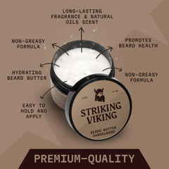 Striking Viking sandalwood beard butter application on hand for easy grooming.