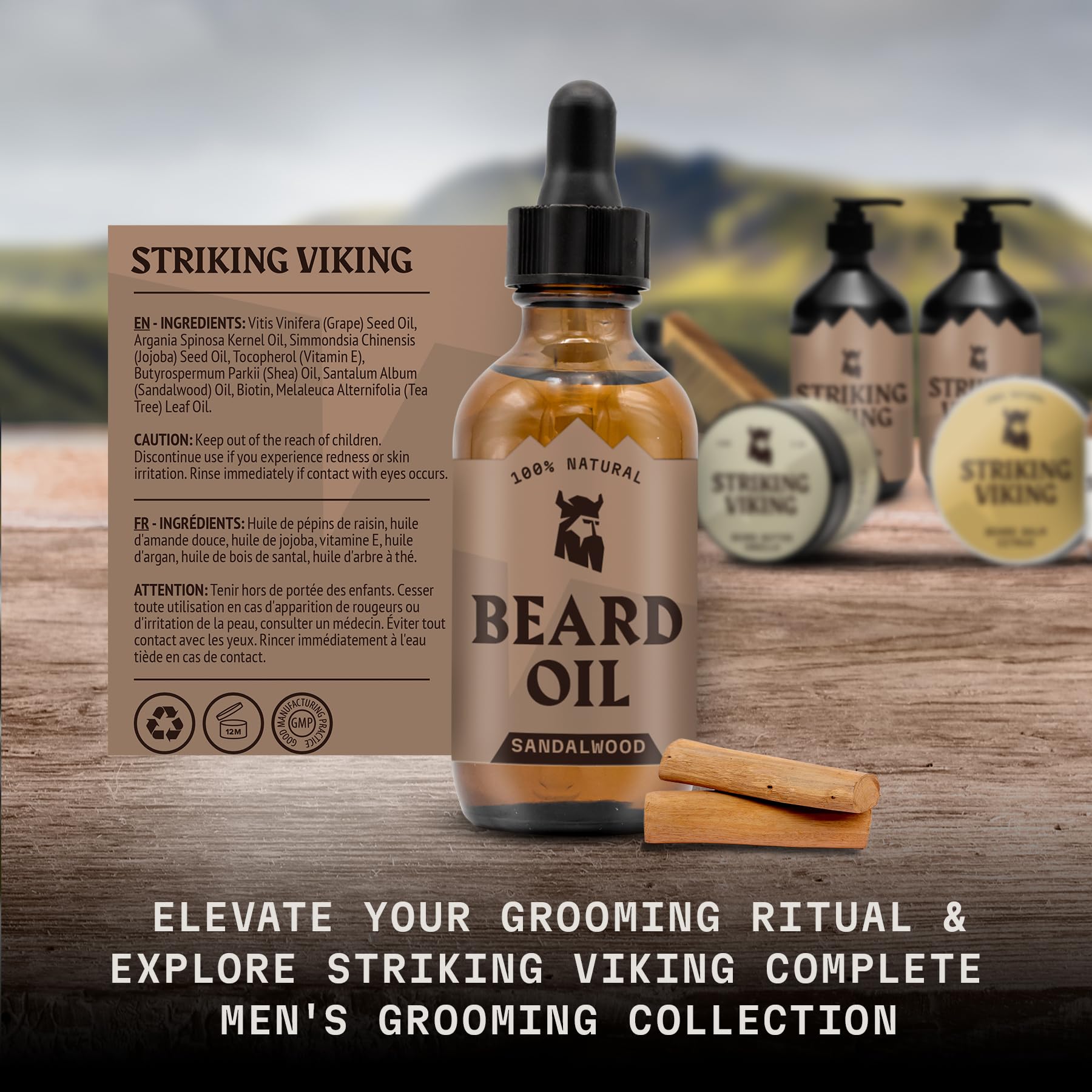 Striking Viking sandalwood beard oil 2oz packaging conveys compact grooming solution