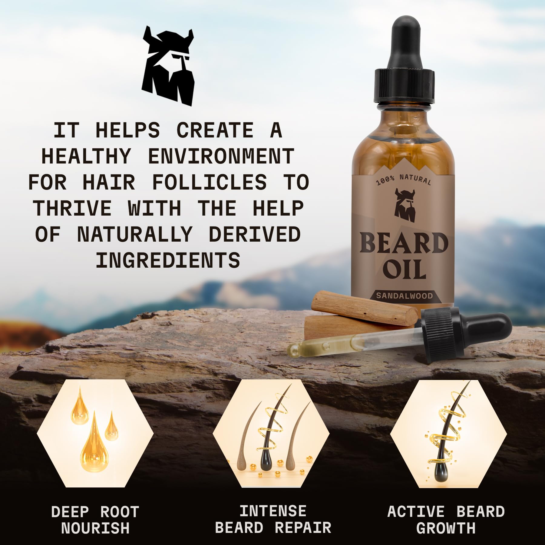Striking Viking sandalwood beard oil drops on hand illustrate fast absorption