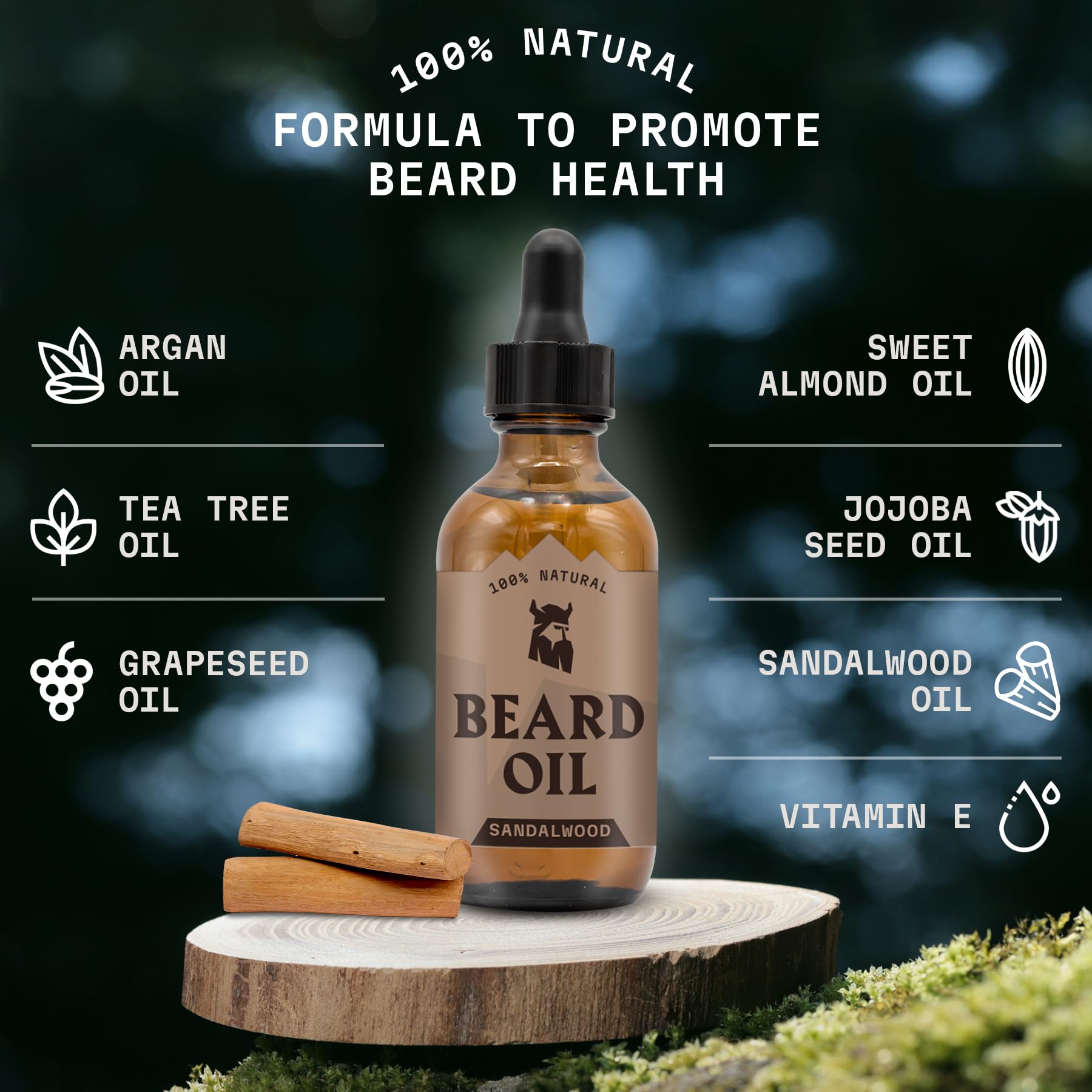 Striking Viking sandalwood beard oil label detail highlights natural ingredients for daily care