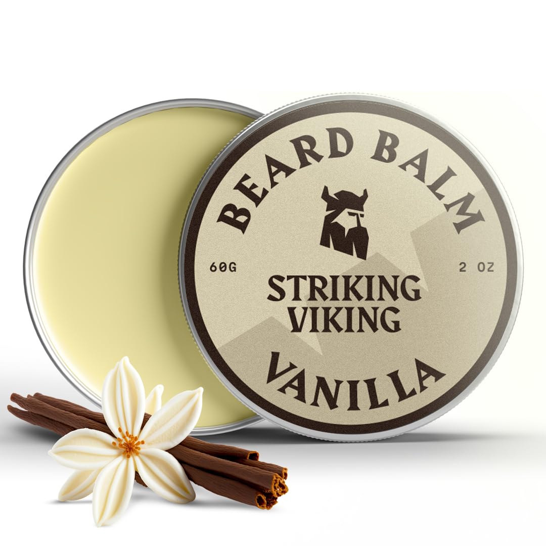 Striking Viking vanilla beard balm 2oz tin softens coarse facial hair for easy grooming.