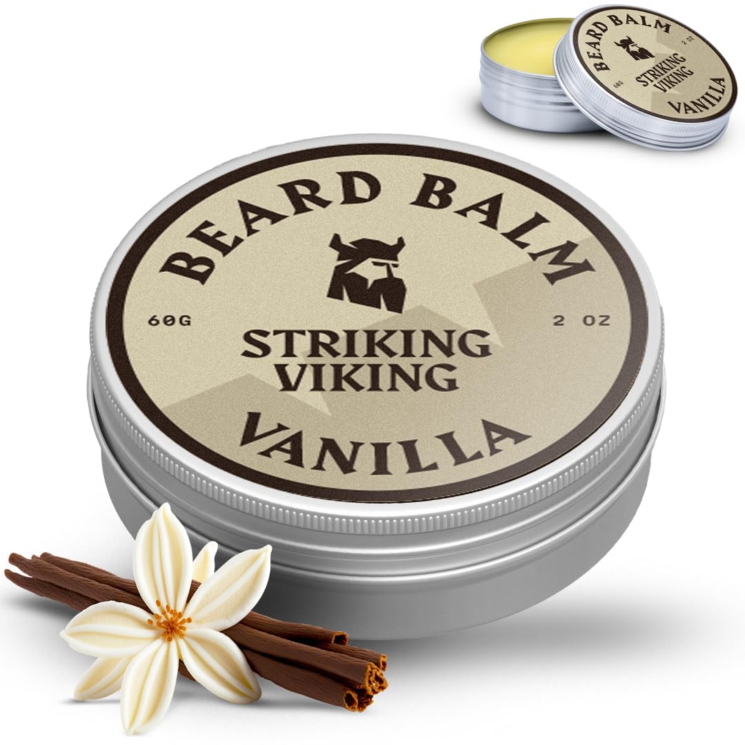 Striking Viking vanilla beard balm for all beard types, easy to apply.