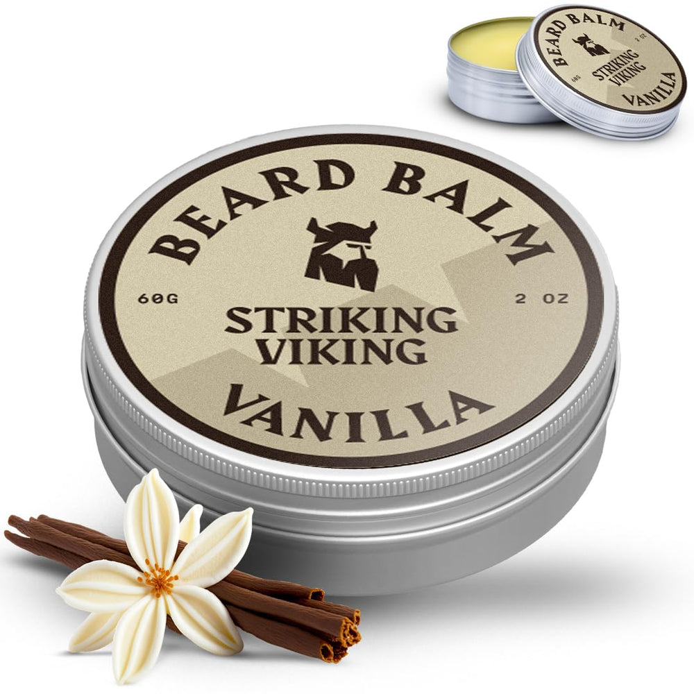 Striking Viking vanilla beard balm for all beard types, easy to apply.
