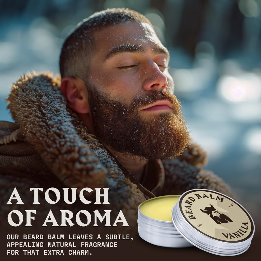 Striking Viking vanilla beard balm with shea and jojoba nourishes skin beneath the beard.