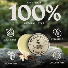 Striking Viking vanilla beard balm packaging shows a travel-friendly tin for on-the-go grooming.