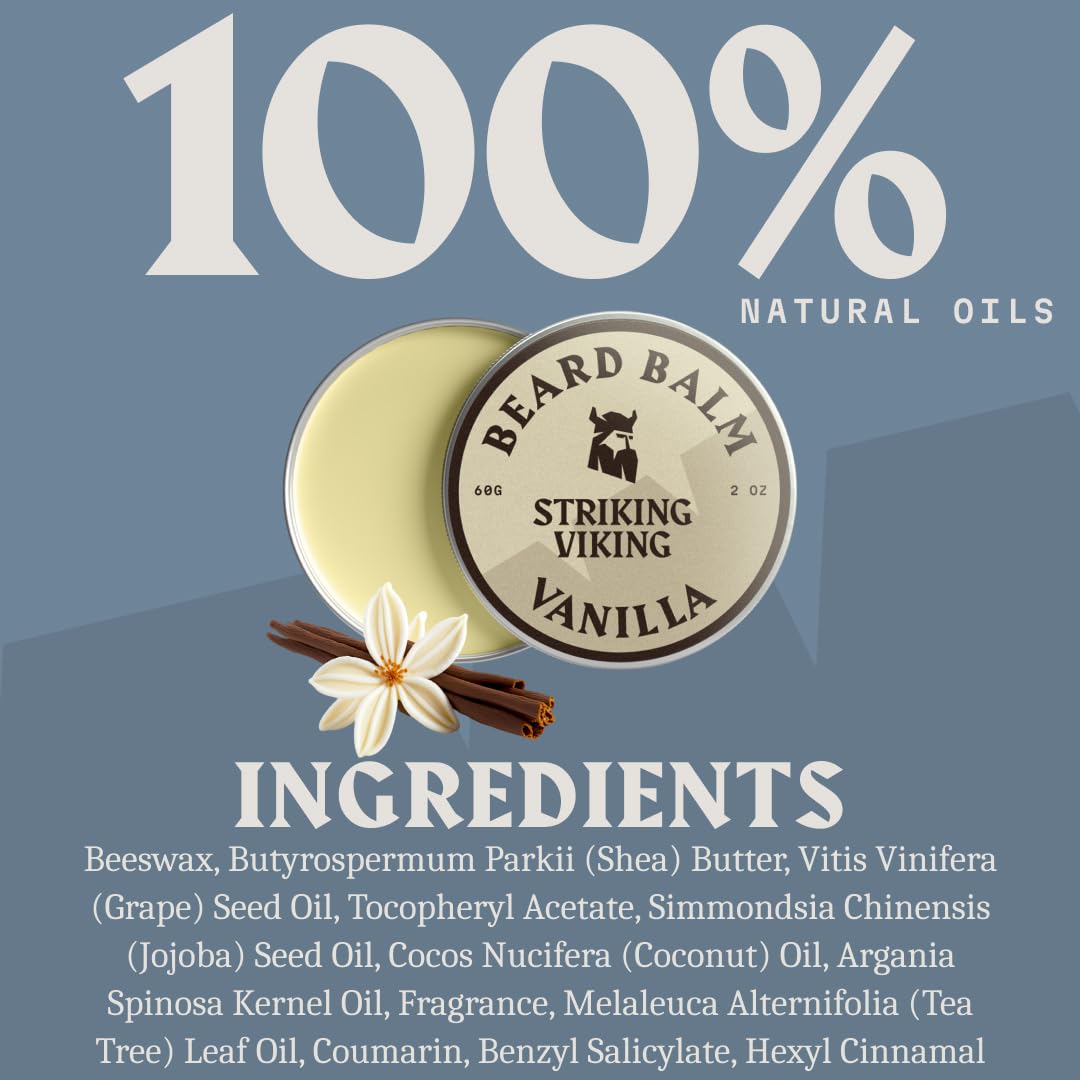 Striking Viking vanilla beard balm delivers masculine scent without overpowering your vibe.