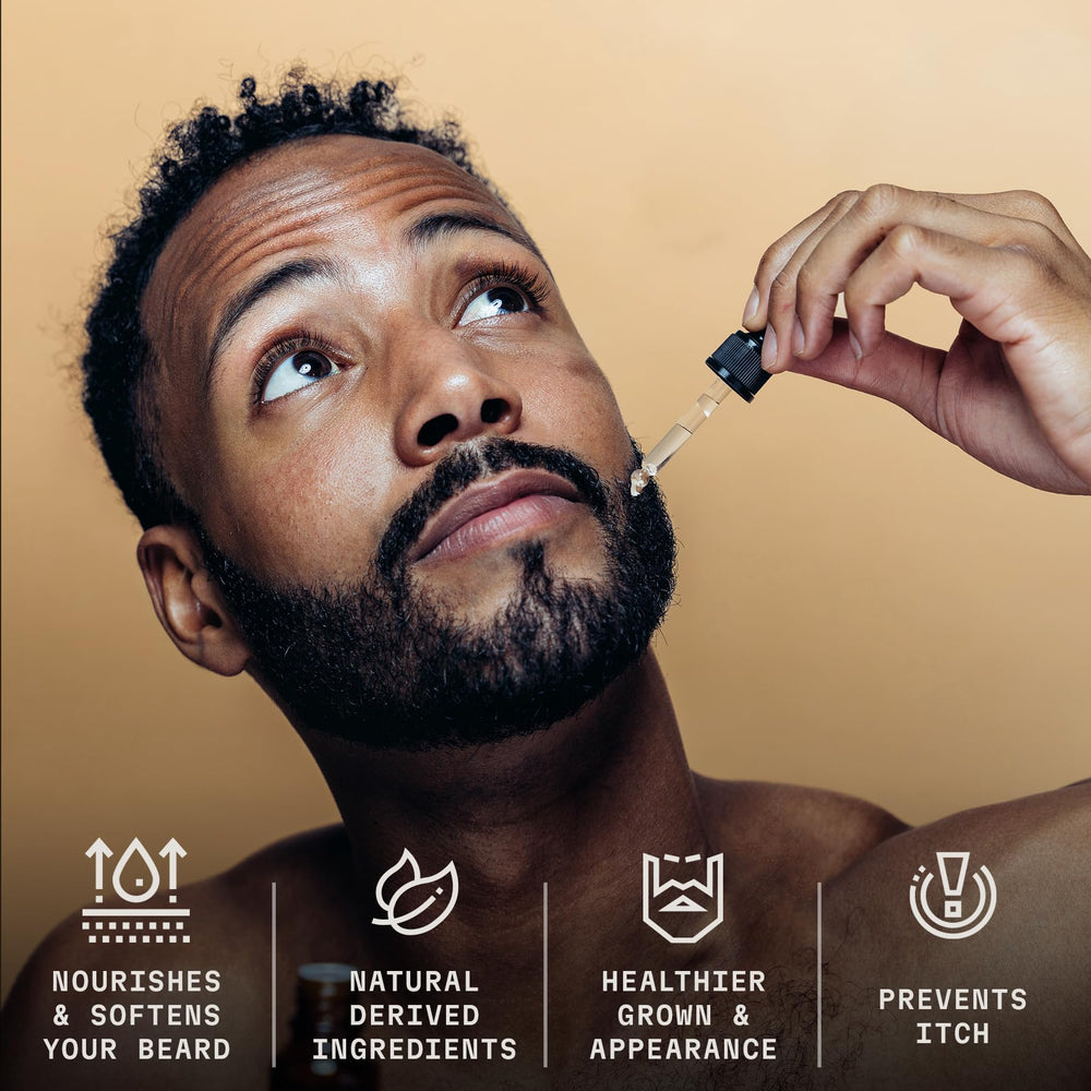Striking Viking Vanilla Beard Oil application scene for easy daily use.