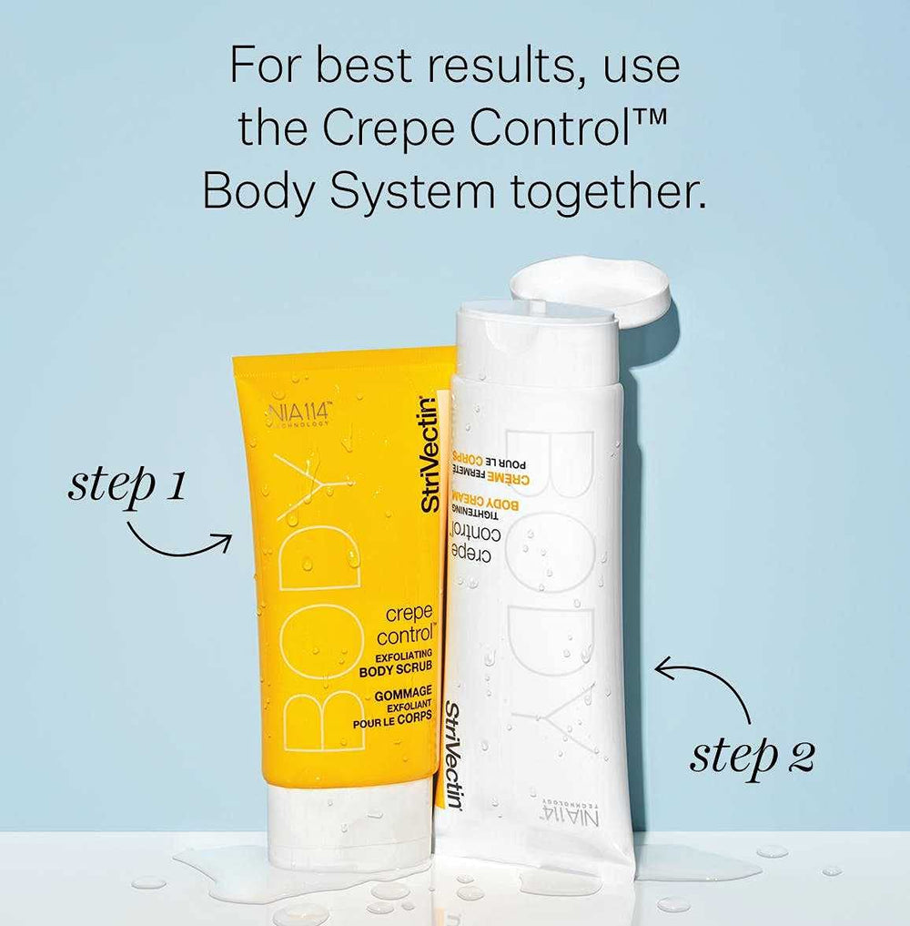 StriVectin Crepe Control system bottle beside scrub on counter.
