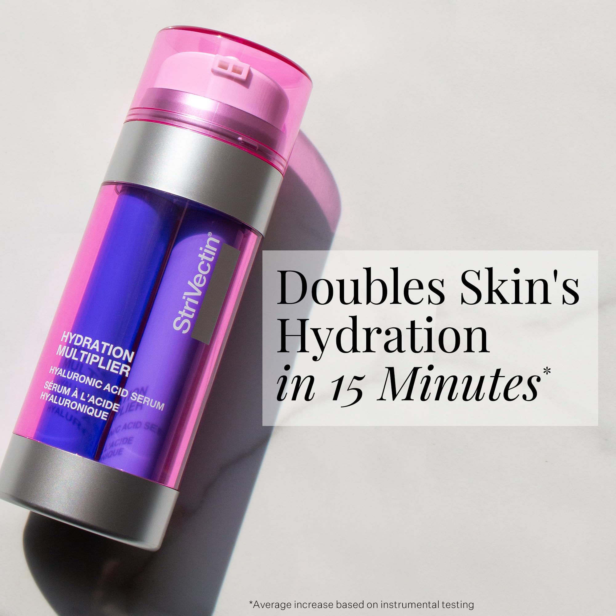 StriVectin gel-phase swatch highlights seven Hyaluronic Acid types for plump moisture.