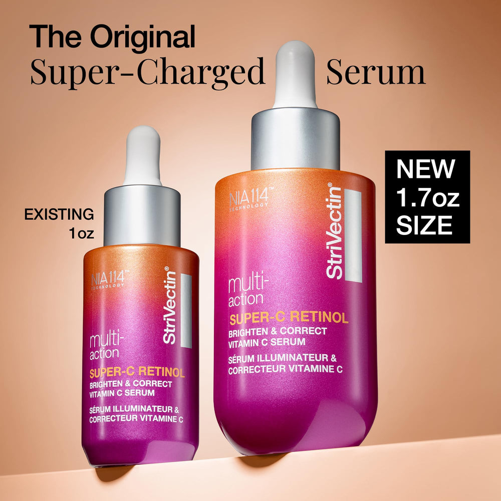 StriVectin Super C Serum bottle close-up shows silky texture for smoothing skin