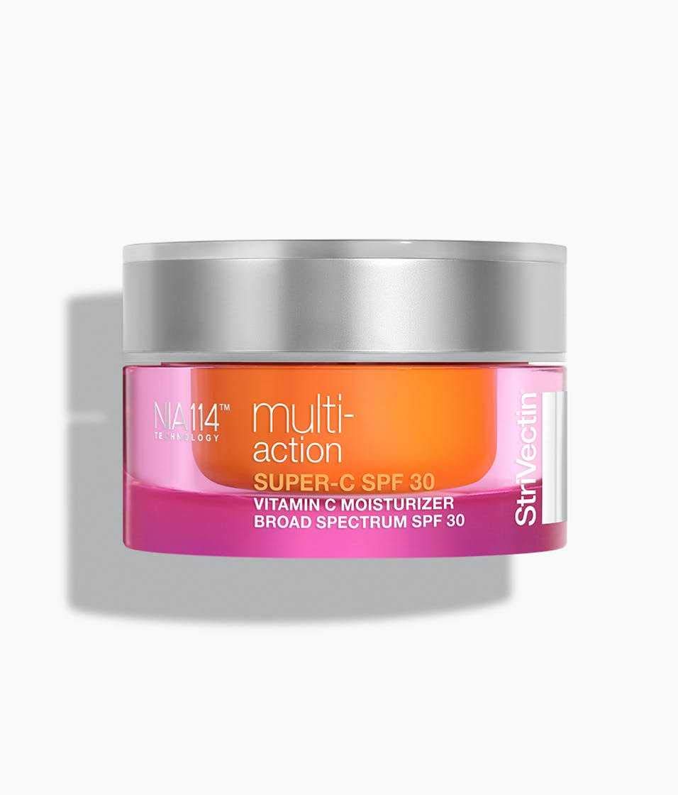 StriVectin Multi-Action Super-C SPF 30 bottle shown, for brightening and daily protection.