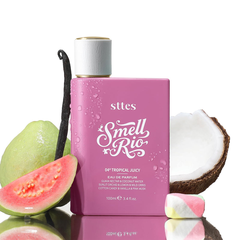 Stttes Smell Rio Perfume 04 bottle on vanity with tropical notes for a long-lasting mood boost.