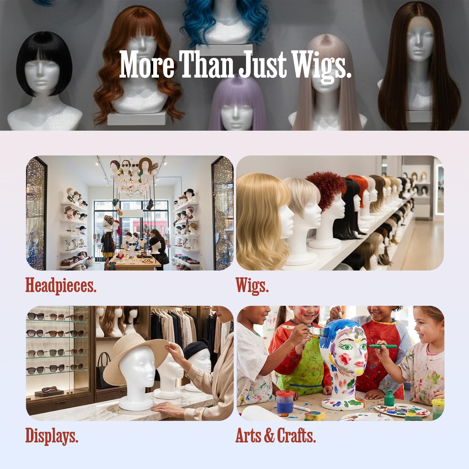 STUDIO LIMITED wig hat display head for versatile salon presentations.