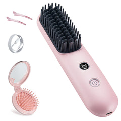 STUDLLY cordless hair straightener brush in pink for on-the-go styling