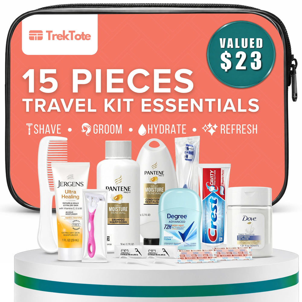 Stuhrling TrekTote 15-piece kit in a clear bag for easy travel organization