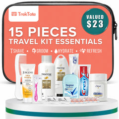 Stuhrling TrekTote 15-piece kit in a clear bag for easy travel organization