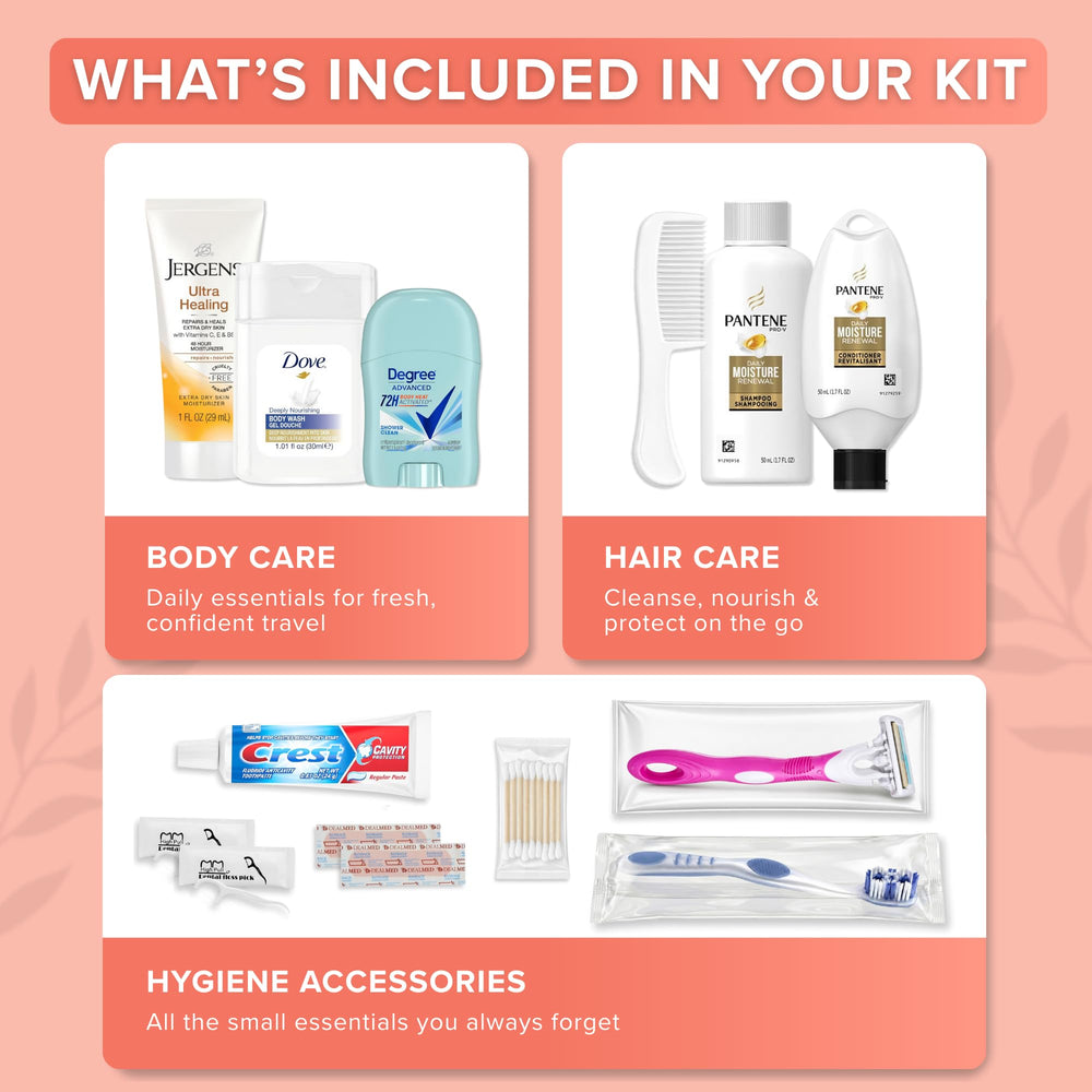 TrekTote kit in a clear bag showing contents for quick TSA screening