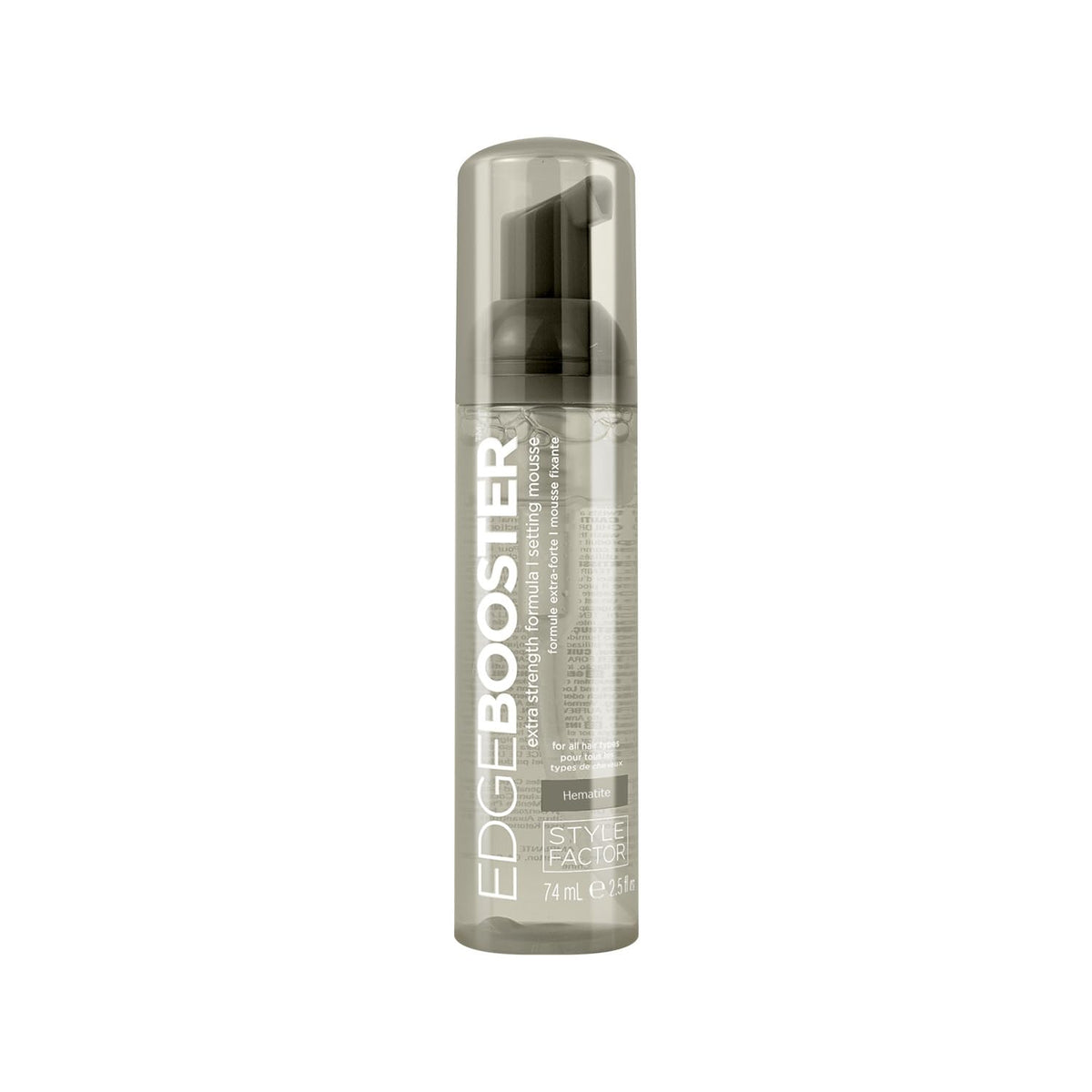 Style Factor Edge Booster mousse hematite bottle closeup showing frizz control