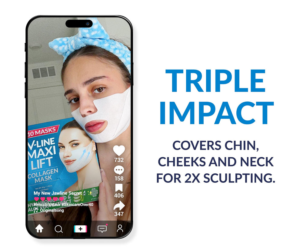 Stylia MaxiLift neck-friendly mask with Aloe Vera and Hyaluronic Acid benefits.