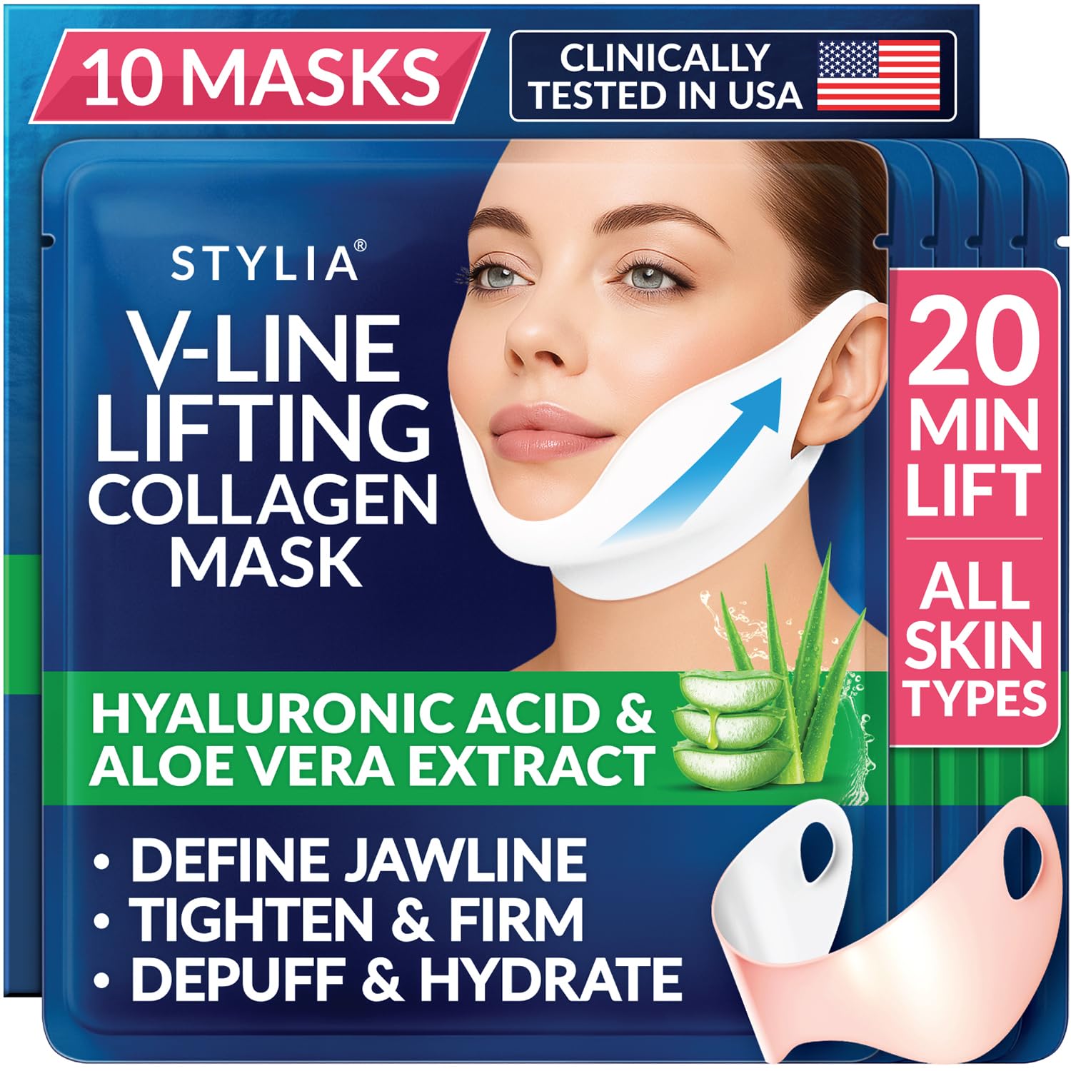 Stylia V-Line lifting collagen mask enhances jawline definition for a sculpted look.