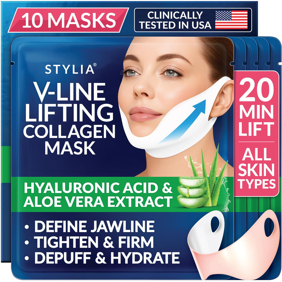 Stylia V-Line lifting collagen mask enhances jawline definition for a sculpted look.