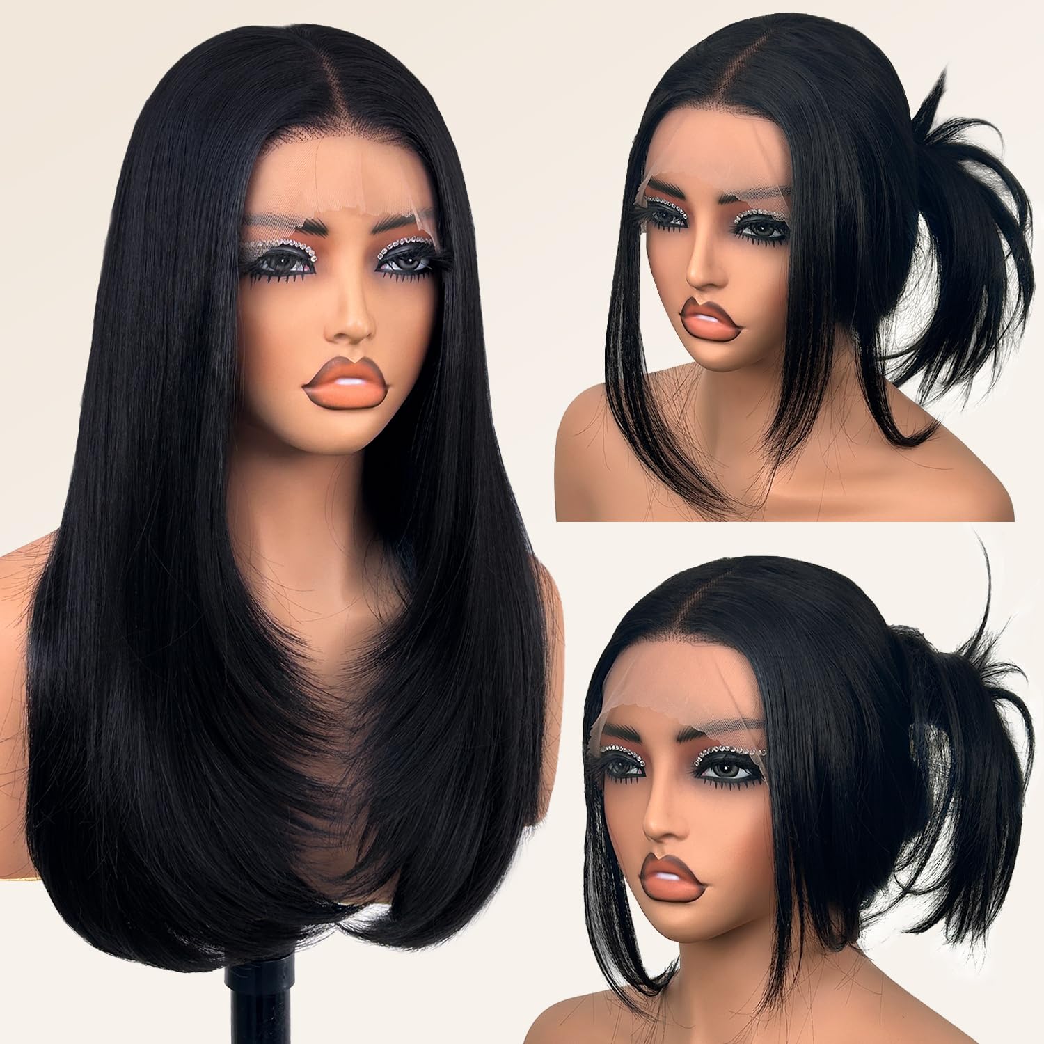 Su Mei.s glueless lace-front wig front view with natural 26-inch straight black hair.