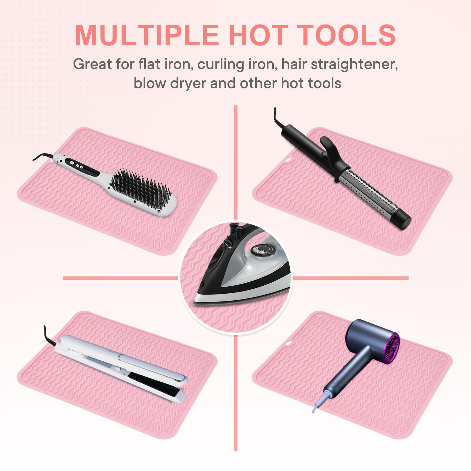 Suafrnut fits multiple tools on the mat for clutter-free vanity.