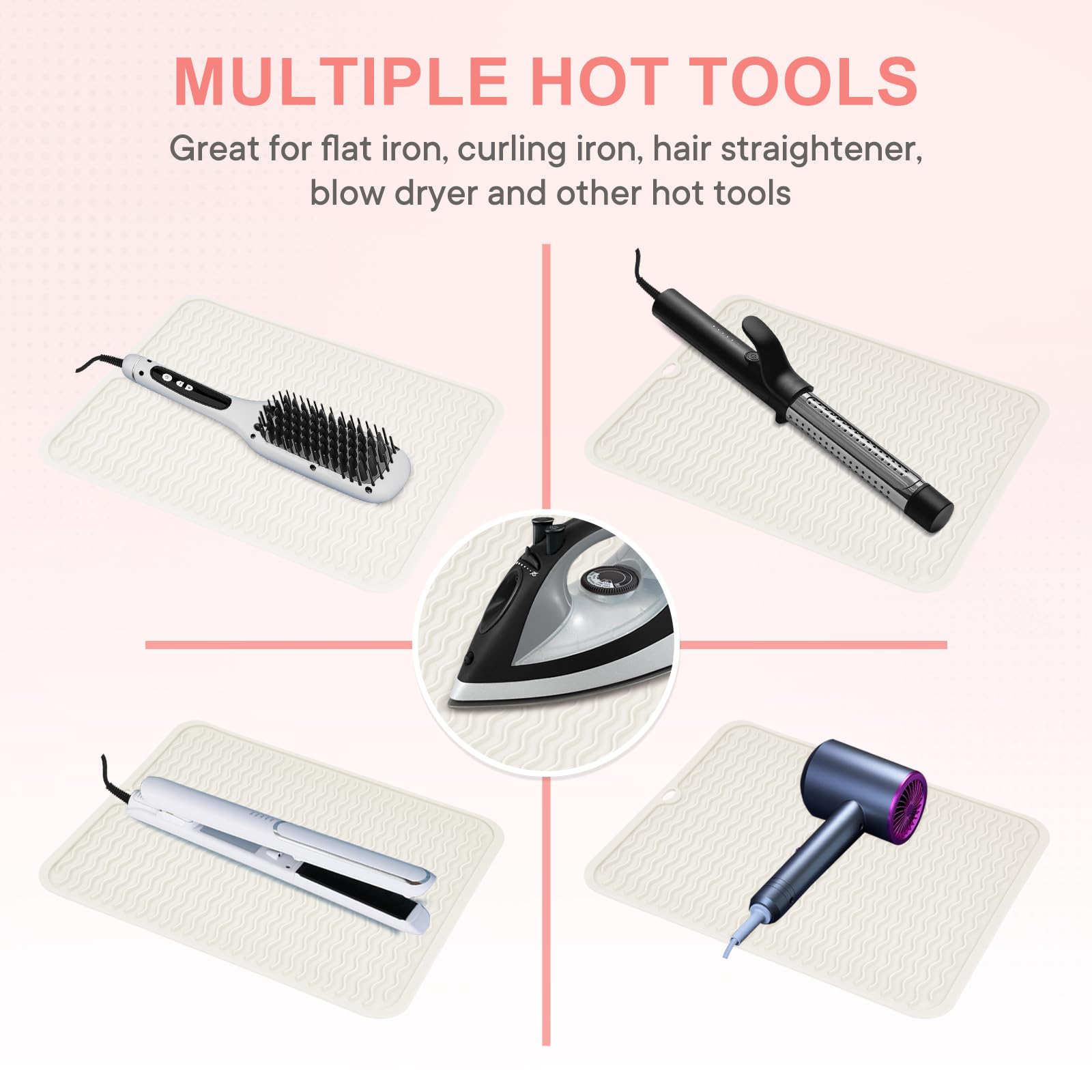 Suafrnut heat-protection mat guards surfaces from high-heat styling.