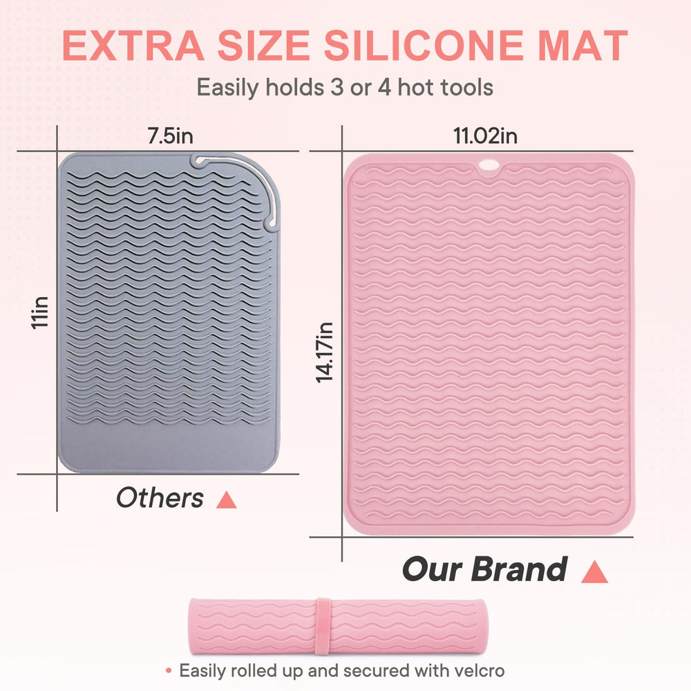 Suafrnut mat in use with curling irons and flat irons for organization.