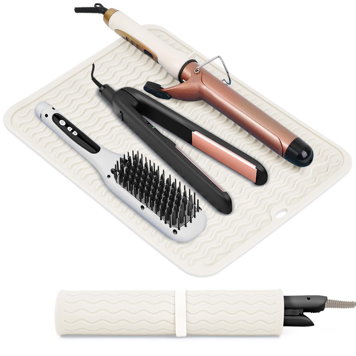 Suafrnut oversize silicone mat on vanity protecting surfaces while styling multiple tools.