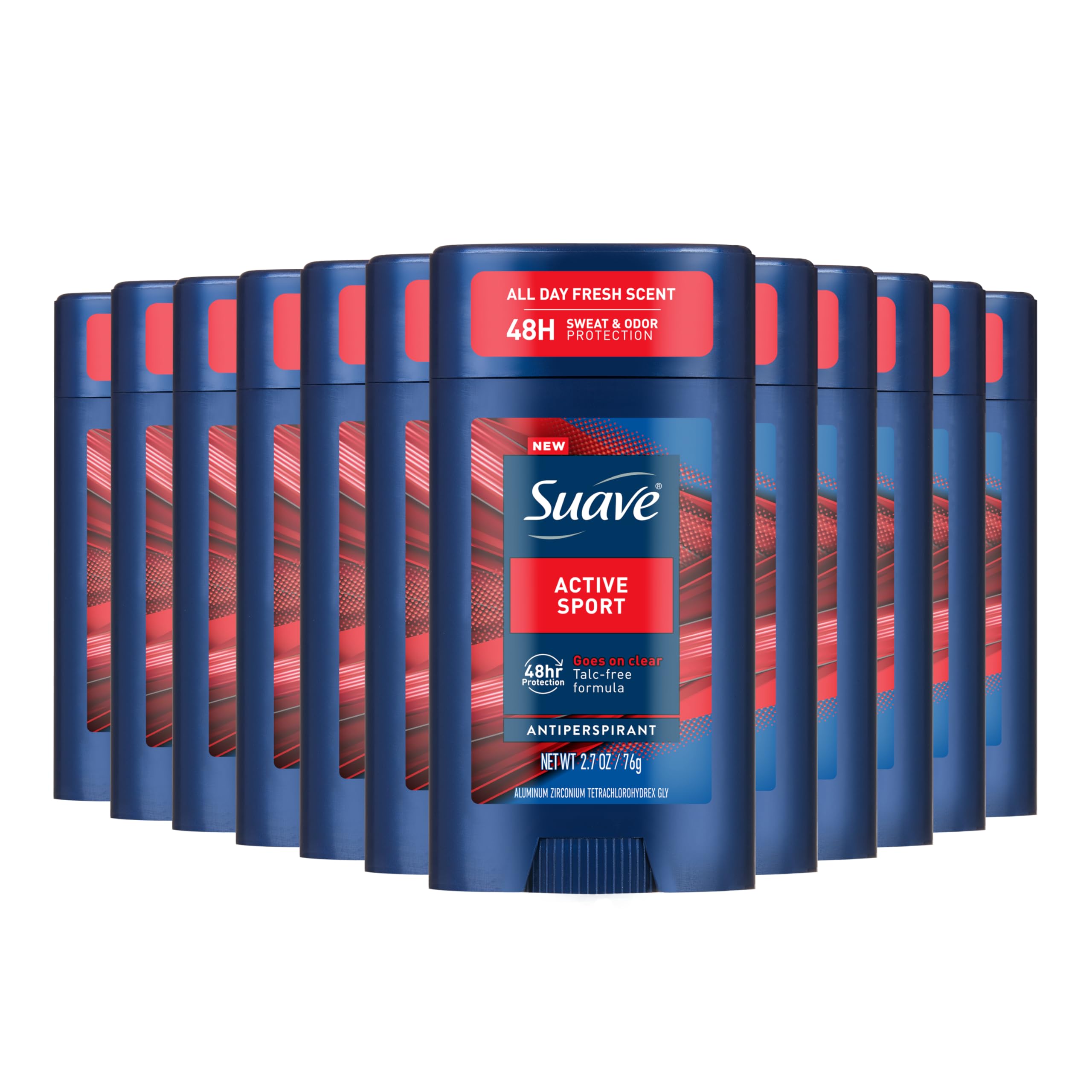 Suave Active Sport stick front view showing all-day odor protection for daily wear.